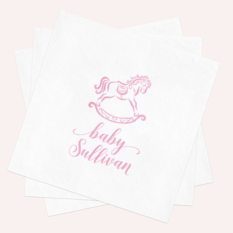 Printed Napkins for Pink Rocking Horse Baby Shower - Printed Paper Napkins - Personalized Napkins for Baby Sprinkle - Custom Cocktail Napkin (100 Printed Napkins, Cocktail 4.75")