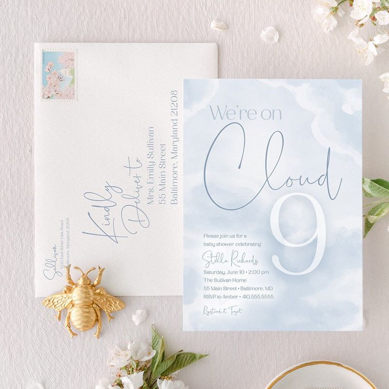 We're on Cloud Nine Baby Shower Invitation We are on Cloud 9 Baby Boy Sprinkle Blue Clouds Invite - in the clouds (10 printed invitations | Plain White Envelopes)