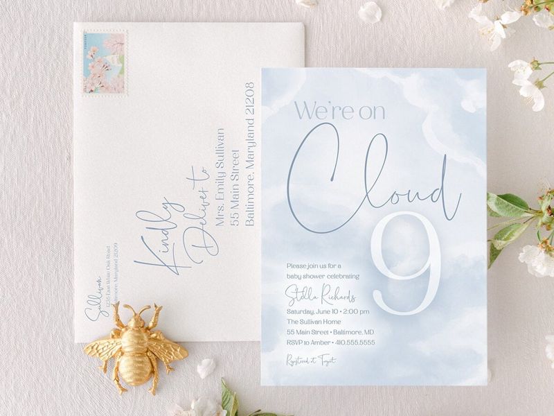 We're on Cloud Nine Baby Shower Invitation We are on Cloud 9 Baby Boy Sprinkle Blue Clouds Invite - in the clouds (10 printed invitations | Plain White Envelopes)