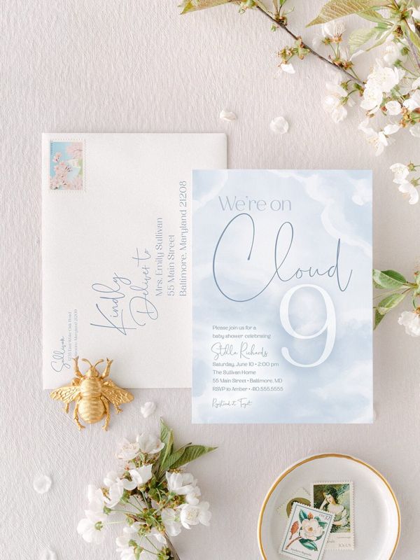 We're on Cloud Nine Baby Shower Invitation We are on Cloud 9 Baby Boy Sprinkle Blue Clouds Invite - in the clouds (10 printed invitations | Plain White Envelopes)