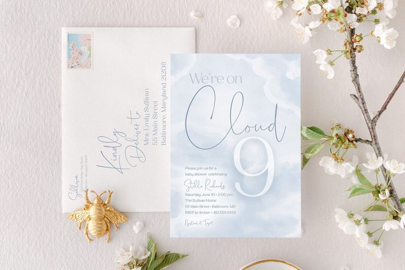 We're on Cloud Nine Baby Shower Invitation We are on Cloud 9 Baby Boy Sprinkle Blue Clouds Invite - in the clouds (10 printed invitations | Plain White Envelopes)