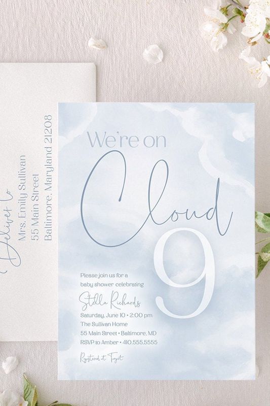 We're on Cloud Nine Baby Shower Invitation We are on Cloud 9 Baby Boy Sprinkle Blue Clouds Invite - in the clouds (10 printed invitations | Plain White Envelopes)