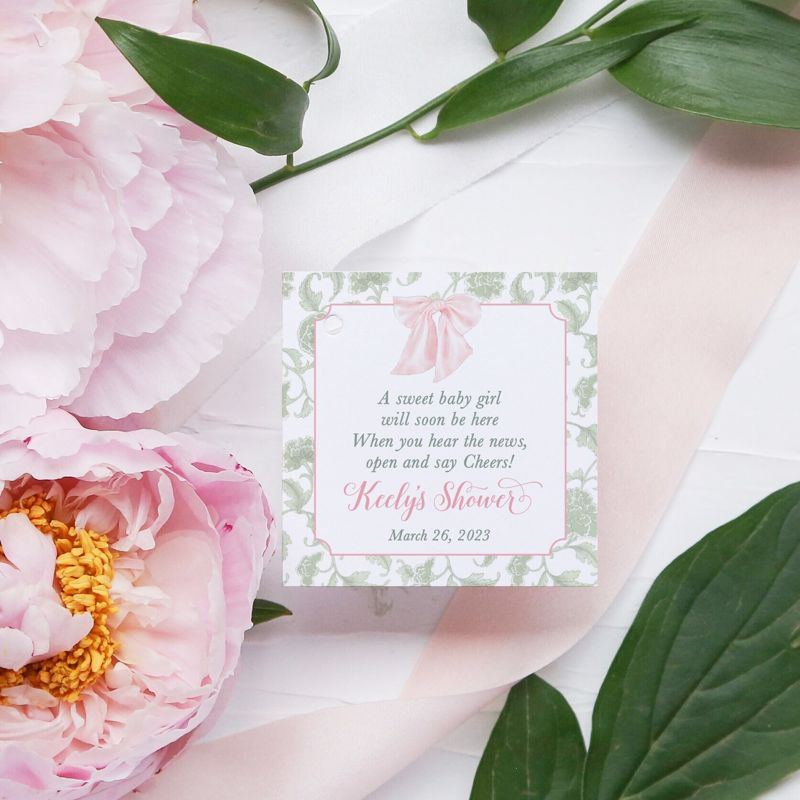 Sage Green and Pink Chinoiserie Favor Tags - Baby Shower Favor - Bow Tag - Printable Favor Tag - Square Tag - Baby Girl Sprinkle