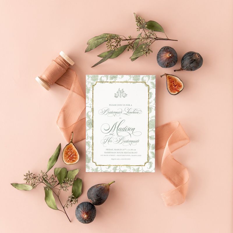 Sage Green Bridesmaids Luncheon Invitations - Chinoiserie Monogram - Winter Bridal Brunch - Classic Bridal Lunch Invitations - Bridal Tea (10 printed invitations | Plain White Envelopes)