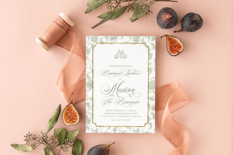 Sage Green Bridesmaids Luncheon Invitations - Chinoiserie Monogram - Winter Bridal Brunch - Classic Bridal Lunch Invitations - Bridal Tea (10 printed invitations | Plain White Envelopes)