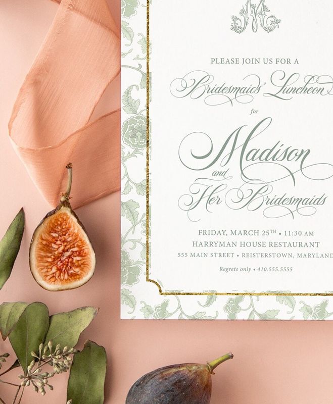 Sage Green Bridesmaids Luncheon Invitations - Chinoiserie Monogram - Winter Bridal Brunch - Classic Bridal Lunch Invitations - Bridal Tea (10 printed invitations | Plain White Envelopes)