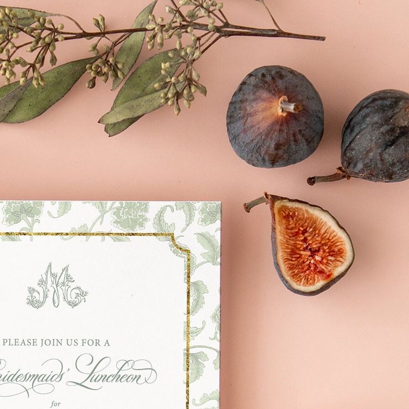 Sage Green Bridesmaids Luncheon Invitations - Chinoiserie Monogram - Winter Bridal Brunch - Classic Bridal Lunch Invitations - Bridal Tea (10 printed invitations | Plain White Envelopes)