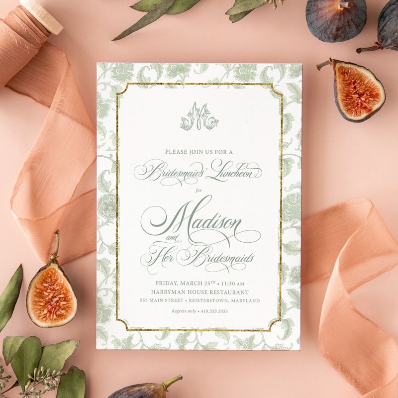 Sage Green Bridesmaids Luncheon Invitations - Chinoiserie Monogram - Winter Bridal Brunch - Classic Bridal Lunch Invitations - Bridal Tea (10 printed invitations | Plain White Envelopes)
