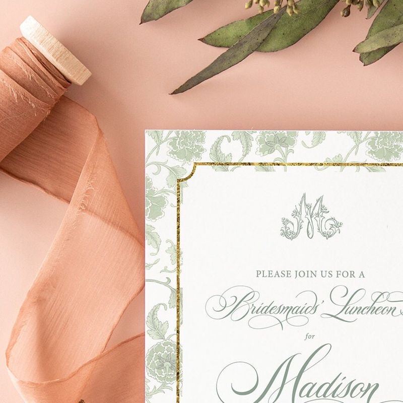 Sage Green Bridesmaids Luncheon Invitations - Chinoiserie Monogram - Winter Bridal Brunch - Classic Bridal Lunch Invitations - Bridal Tea (10 printed invitations | Plain White Envelopes)