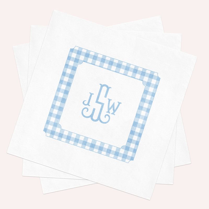 Printed Napkins for Boy Baby Shower - Blue Gingham Paper Napkins - Monogram Napkins for Baby Boy Sprinkle - Custom Cocktail Napkins (100 Printed Napkins | Cocktail 4.75")