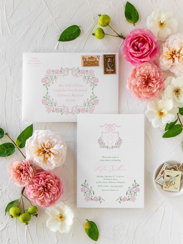 Pumpkin Baby Girl Shower Invitations Pink Pumpkins Fall Girl Baby Sprinkle Invites Preppy Monogram Pumpkin Patch (10 printed invitations | Plain White Envelopes)