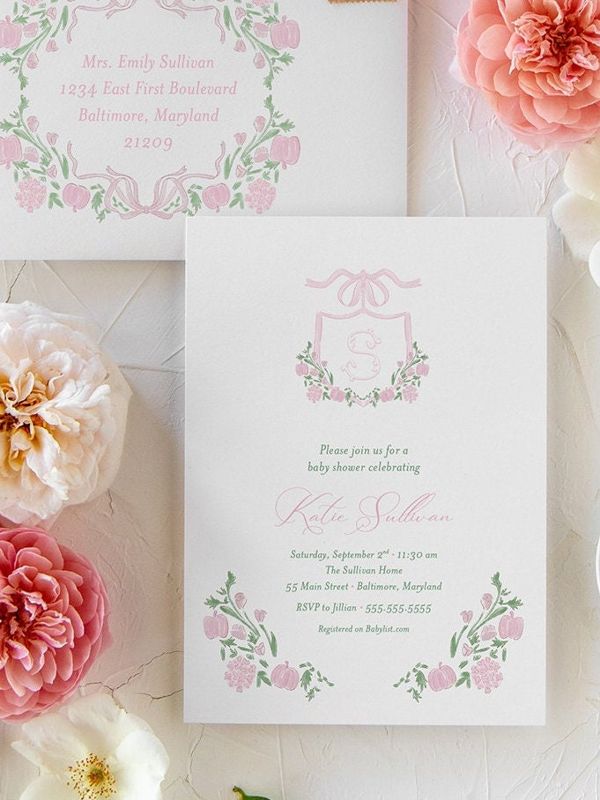 Pumpkin Baby Girl Shower Invitations Pink Pumpkins Fall Girl Baby Sprinkle Invites Preppy Monogram Pumpkin Patch (10 printed invitations | Plain White Envelopes)