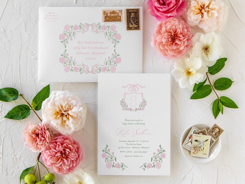 Pumpkin Baby Girl Shower Invitations Pink Pumpkins Fall Girl Baby Sprinkle Invites Preppy Monogram Pumpkin Patch (10 printed invitations | Plain White Envelopes)