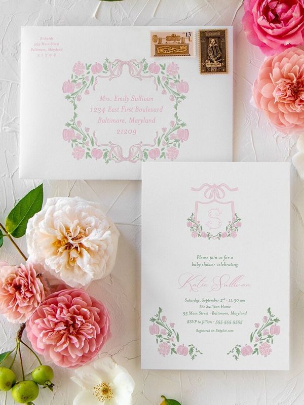 Pumpkin Baby Girl Shower Invitations Pink Pumpkins Fall Girl Baby Sprinkle Invites Preppy Monogram Pumpkin Patch (10 printed invitations | Plain White Envelopes)