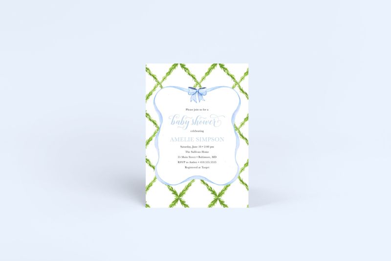Preppy Blue and Green Trellis Bow Baby Shower Invitation (10 printed invitations | Plain White Envelopes)