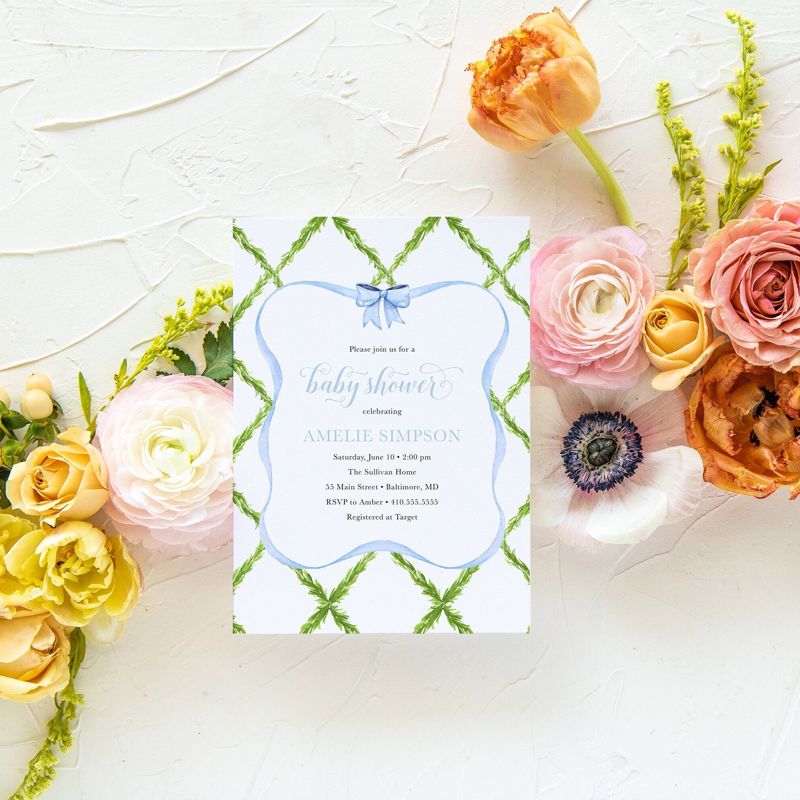 Preppy Blue and Green Trellis Bow Baby Shower Invitation (10 printed invitations | Plain White Envelopes)