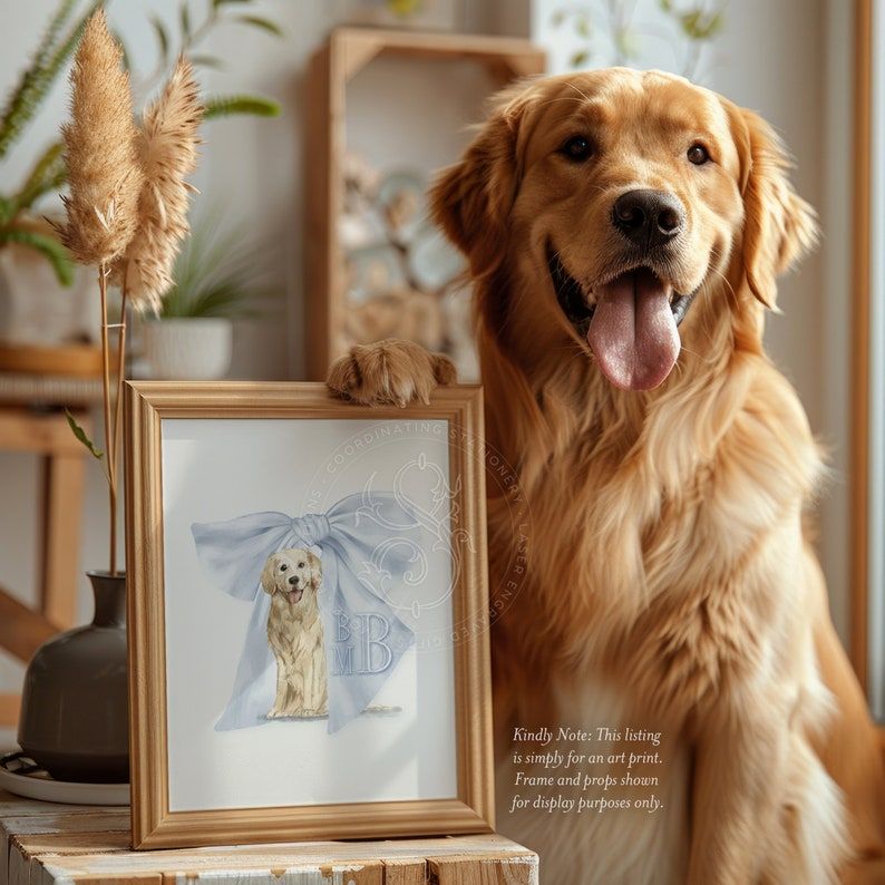 Boy Monogram Wall Art for Nursery with Golden Retriever - Printed Monogram Boy Room Decor - Baby Boy Nursery - Blue Gingham Monogram Print (5x7 | Landscape)