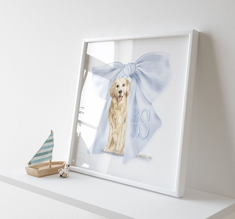 Boy Monogram Wall Art for Nursery with Golden Retriever - Printed Monogram Boy Room Decor - Baby Boy Nursery - Blue Gingham Monogram Print (5x7 | Landscape)