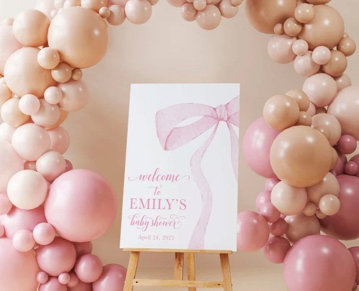 Watercolor Pink Bow Baby Shower Welcome Sign - Preppy Pink Bow - Baby Shower Signage - Printed 18x24" Sign - Welcome Poster (18x24")