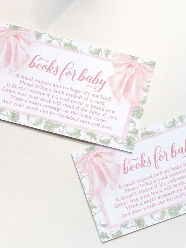 Sage Green Chinoiserie Baby Shower Books for Baby Insert Cards - Girl Baby Shower - Bring a book instead of a card - Printed (20 printed cards)