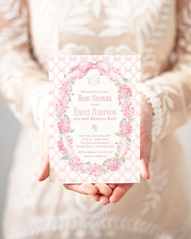Grandmillenial Baby Girl Shower Invitations with Bow Frame, Sprinkle for Baby Girl, Pink Hydrangea Bow Wreath Printed, Fancy bow party (10 printed invitations)