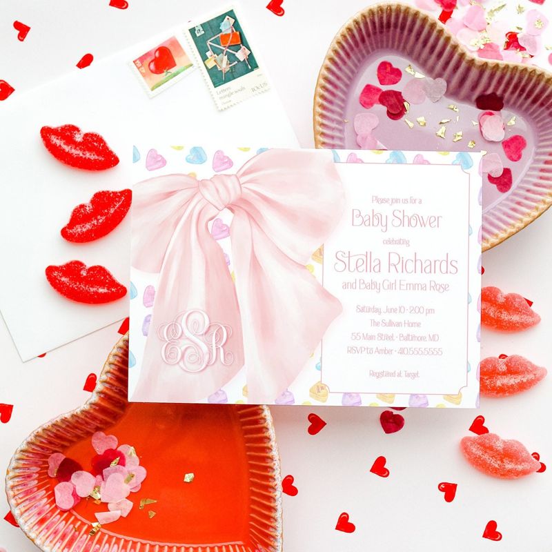 Valentines Day Baby Shower Invitations - Candy Hearts Baby Sprinkle - Baby Girl Sip and See - Baby Blessing - Fancy Pink Bow Invite (10 printed invitations, Plain White Envelopes)