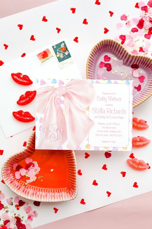 Valentines Day Baby Shower Invitations - Candy Hearts Baby Sprinkle - Baby Girl Sip and See - Baby Blessing - Fancy Pink Bow Invite (10 printed invitations, Plain White Envelopes)