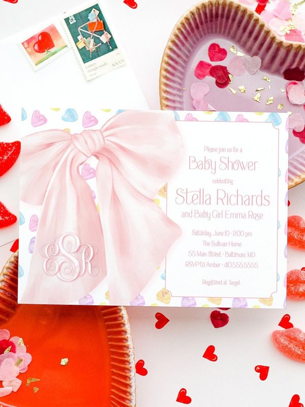 Valentines Day Baby Shower Invitations - Candy Hearts Baby Sprinkle - Baby Girl Sip and See - Baby Blessing - Fancy Pink Bow Invite (10 printed invitations, Plain White Envelopes)