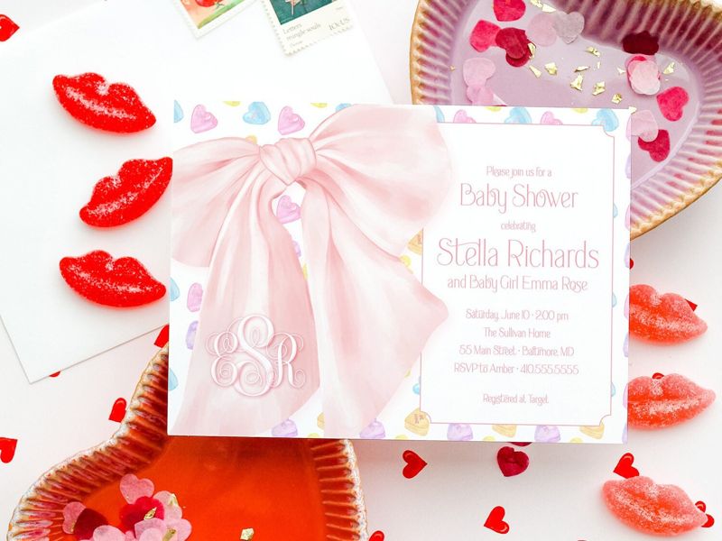 Valentines Day Baby Shower Invitations - Candy Hearts Baby Sprinkle - Baby Girl Sip and See - Baby Blessing - Fancy Pink Bow Invite (10 printed invitations, Plain White Envelopes)