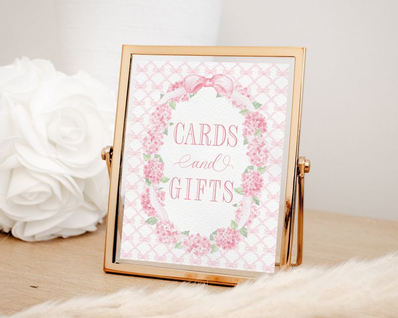 Cards and Gifts Sign for Girl Baby Shower Printable with Pink Bow and Hydrangeas - Printable 8x10 -  Baby Girl Sprinkle