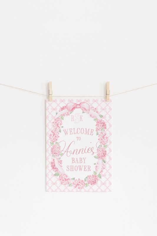 Grandmillenial Welcome Sign for Baby Shower - Monogrammed Welcome Sign - Pink Hydrangeas - Bow Wreath Watercolor
