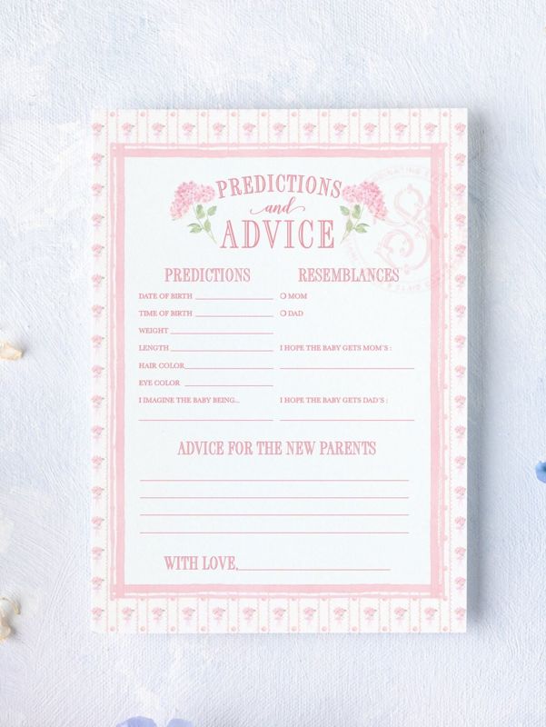 Predictions and Advice Baby Girl Shower Game - Pink Hydrangea Baby Sprinkle - PRINTABLE