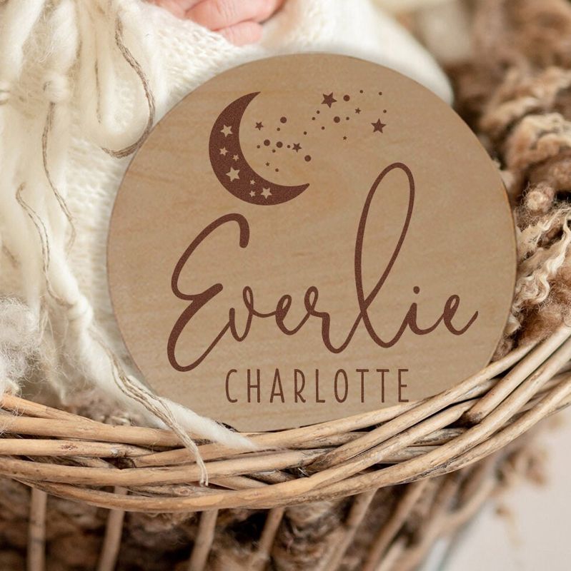 Moon and Stars Baby Announcement Sign, Celestial Birth Announcement Sign, Baby Name Sign for Hospital, Newborn Name Wood Sign (4")