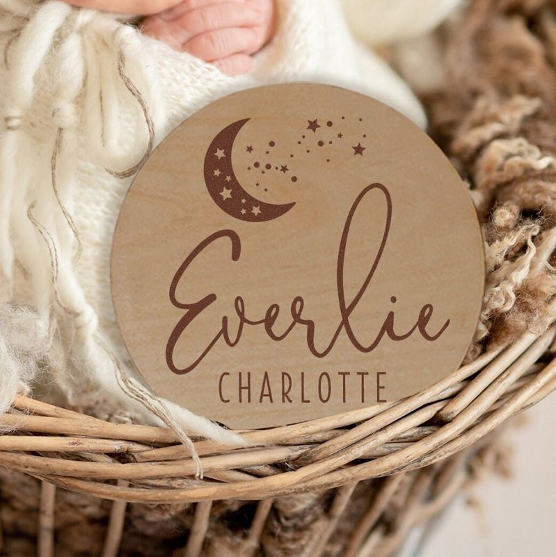 Moon and Stars Baby Announcement Sign, Celestial Birth Announcement Sign, Baby Name Sign for Hospital, Newborn Name Wood Sign (4")