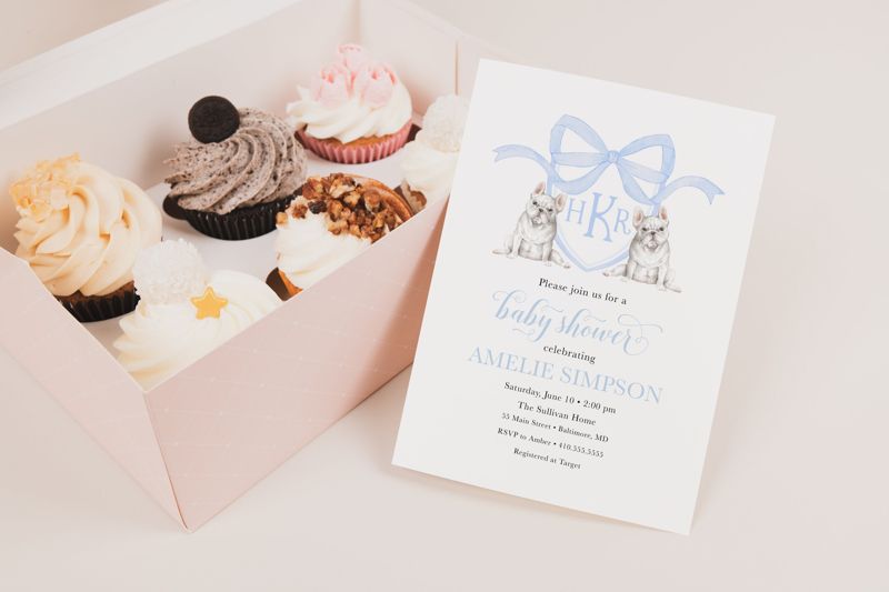French Bulldog Invitation - Preppy Watercolor Crest - Monogram Bow Baby Shower Invites - Dog Baby Shower - Frenchie Invites (10 printed invitations | Plain White Envelopes)
