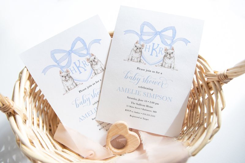 French Bulldog Invitation - Preppy Watercolor Crest - Monogram Bow Baby Shower Invites - Dog Baby Shower - Frenchie Invites (10 printed invitations | Plain White Envelopes)