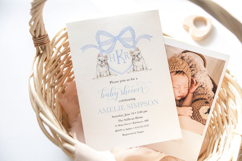 French Bulldog Invitation - Preppy Watercolor Crest - Monogram Bow Baby Shower Invites - Dog Baby Shower - Frenchie Invites (10 printed invitations | Plain White Envelopes)
