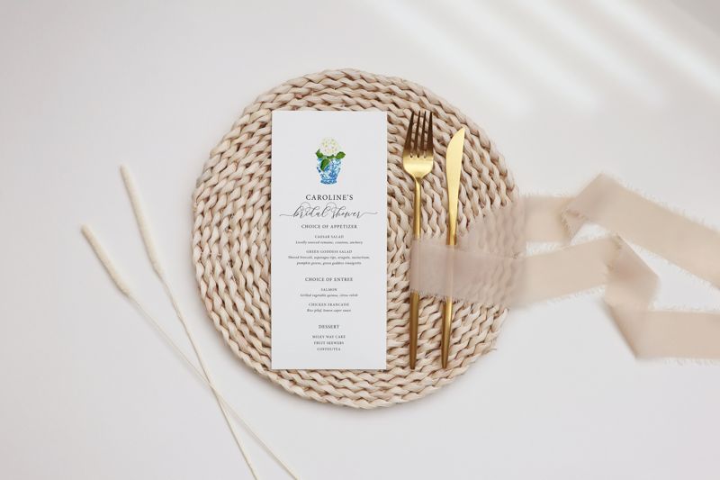 Menu Cards - Printed Menus - Bridal Shower Menu - Chinoiserie Printed Menu - Wedding Menu - Ginger Jar Hyndrangea Bridal Shower Menu (JPG one per page)