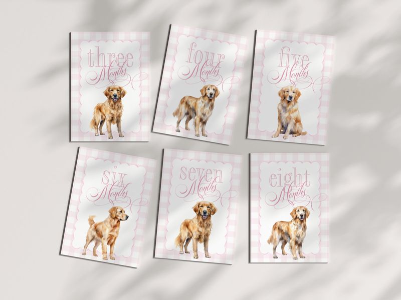 Girl Milestone Cards Printable with Golden Retrievers - Baby Shower Gift - Baby Month Cards - Keepsake Memories - Classic Baby Girl Gingham