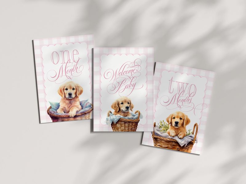 Girl Milestone Cards Printable with Golden Retrievers - Baby Shower Gift - Baby Month Cards - Keepsake Memories - Classic Baby Girl Gingham
