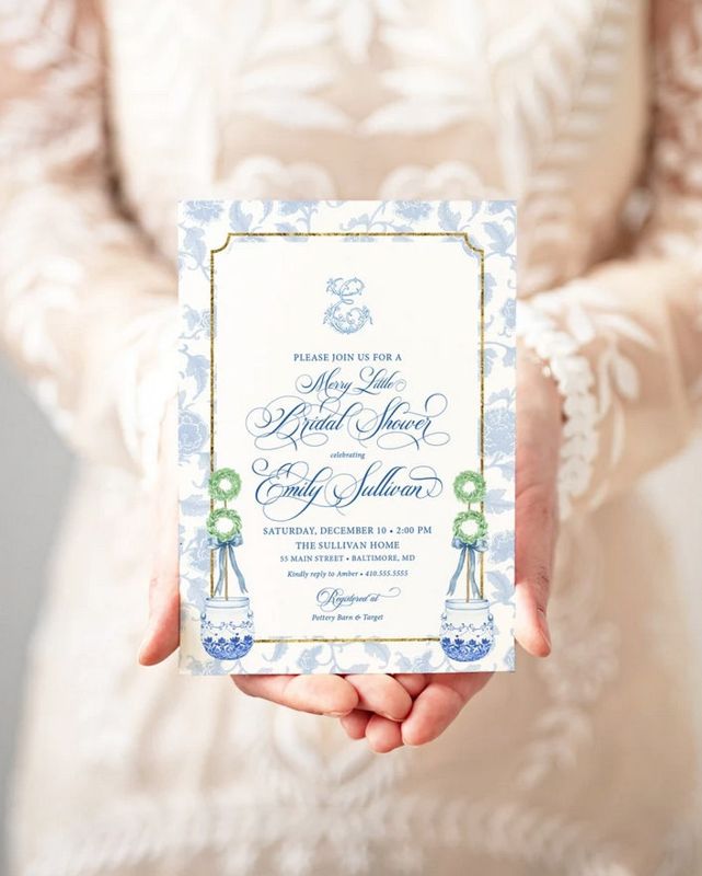 Christmas Bridal Shower Invitations - Chinoiserie Christmas Party Invite - Merry Little Baby Shower - Bridal Brunch - Bridesmaids Luncheon (10 printed invitations | Plain White Envelopes)