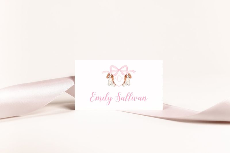 Printed Escort Cards for Baby Shower - King Charles Cavalier Spaniel Place Cards - Personalized Seating Cards with Dog - Puppy Crest