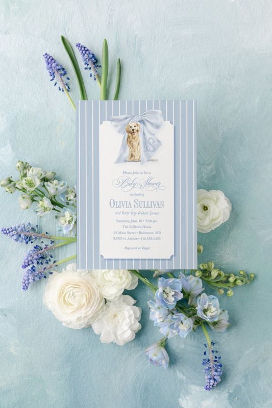 Boy Baby Shower Invitation with Golden Retriever Monogram Bow Crest Watercolor, Blue Bow Boy Baby Sprinkle (10 printed invitations | Plain White Envelopes)