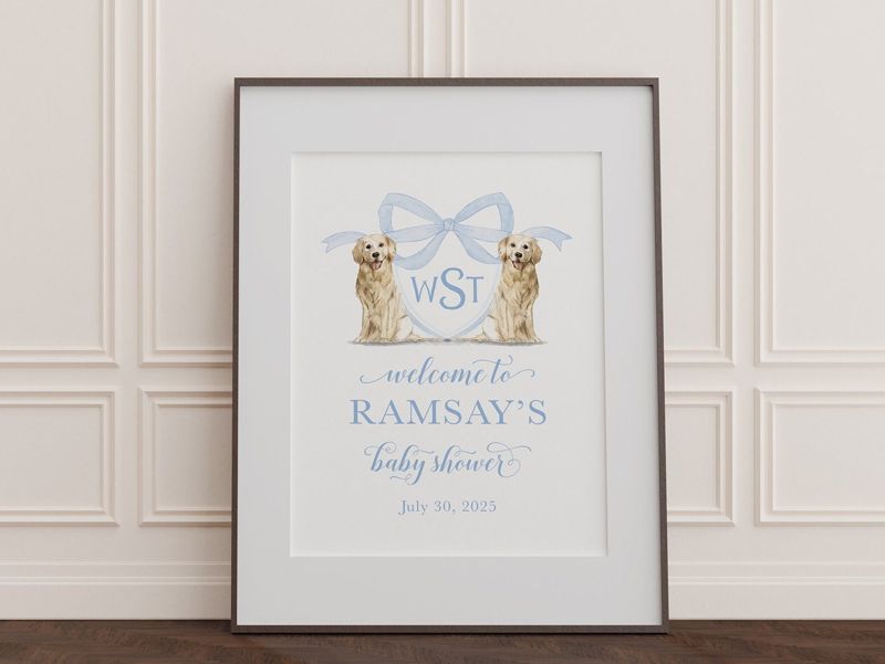 Boy Baby Shower Welcome Sign - Baby Boy Sprinkle Sign - Golden Retriever Monogram Crest 18x24" printable
