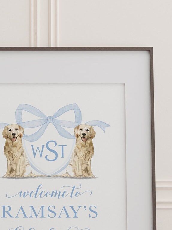 Boy Baby Shower Welcome Sign - Baby Boy Sprinkle Sign - Golden Retriever Monogram Crest 18x24" printable
