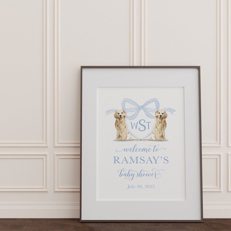 Boy Baby Shower Welcome Sign - Baby Boy Sprinkle Sign - Golden Retriever Monogram Crest 18x24" printable
