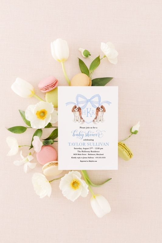 Preppy Watercolor Crest, King Charles Cavalier, Spaniel Doodle, Blue Monogram Bow Baby Boy Shower Invitation, Baby Boy Sprinkle with Dogs (10 printed invitations | Plain White Envelopes)