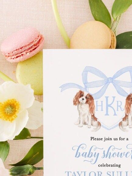 Preppy Watercolor Crest, King Charles Cavalier, Spaniel Doodle, Blue Monogram Bow Baby Boy Shower Invitation, Baby Boy Sprinkle with Dogs (10 printed invitations | Plain White Envelopes)