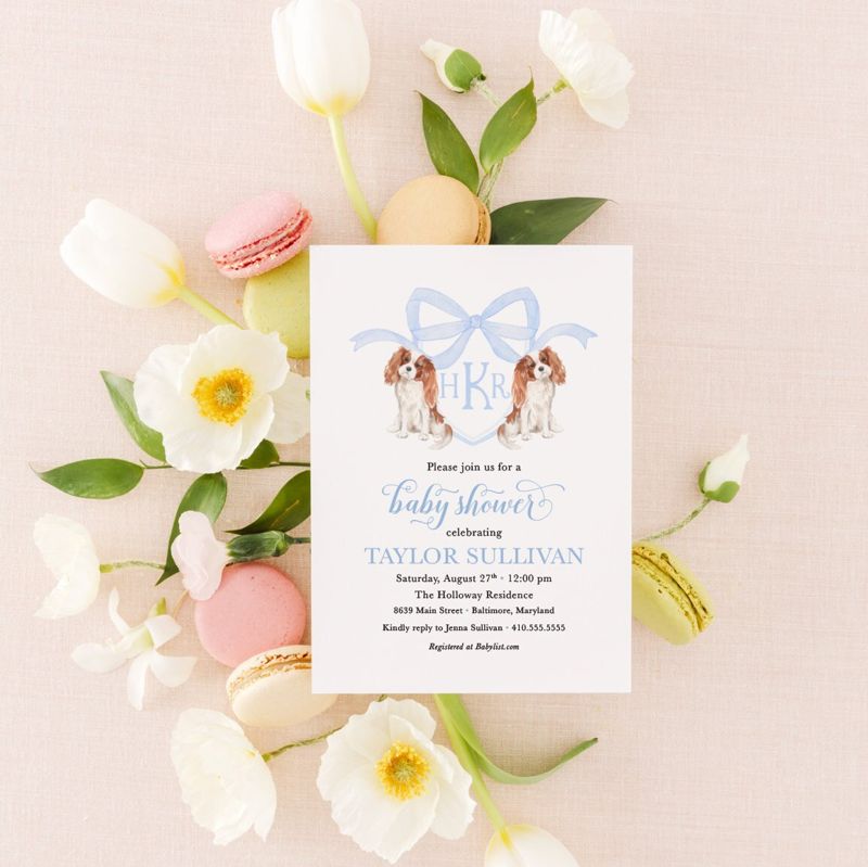 Preppy Watercolor Crest, King Charles Cavalier, Spaniel Doodle, Blue Monogram Bow Baby Boy Shower Invitation, Baby Boy Sprinkle with Dogs (10 printed invitations | Plain White Envelopes)
