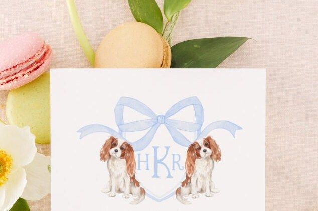 Preppy Watercolor Crest, King Charles Cavalier, Spaniel Doodle, Blue Monogram Bow Baby Boy Shower Invitation, Baby Boy Sprinkle with Dogs (10 printed invitations | Plain White Envelopes)